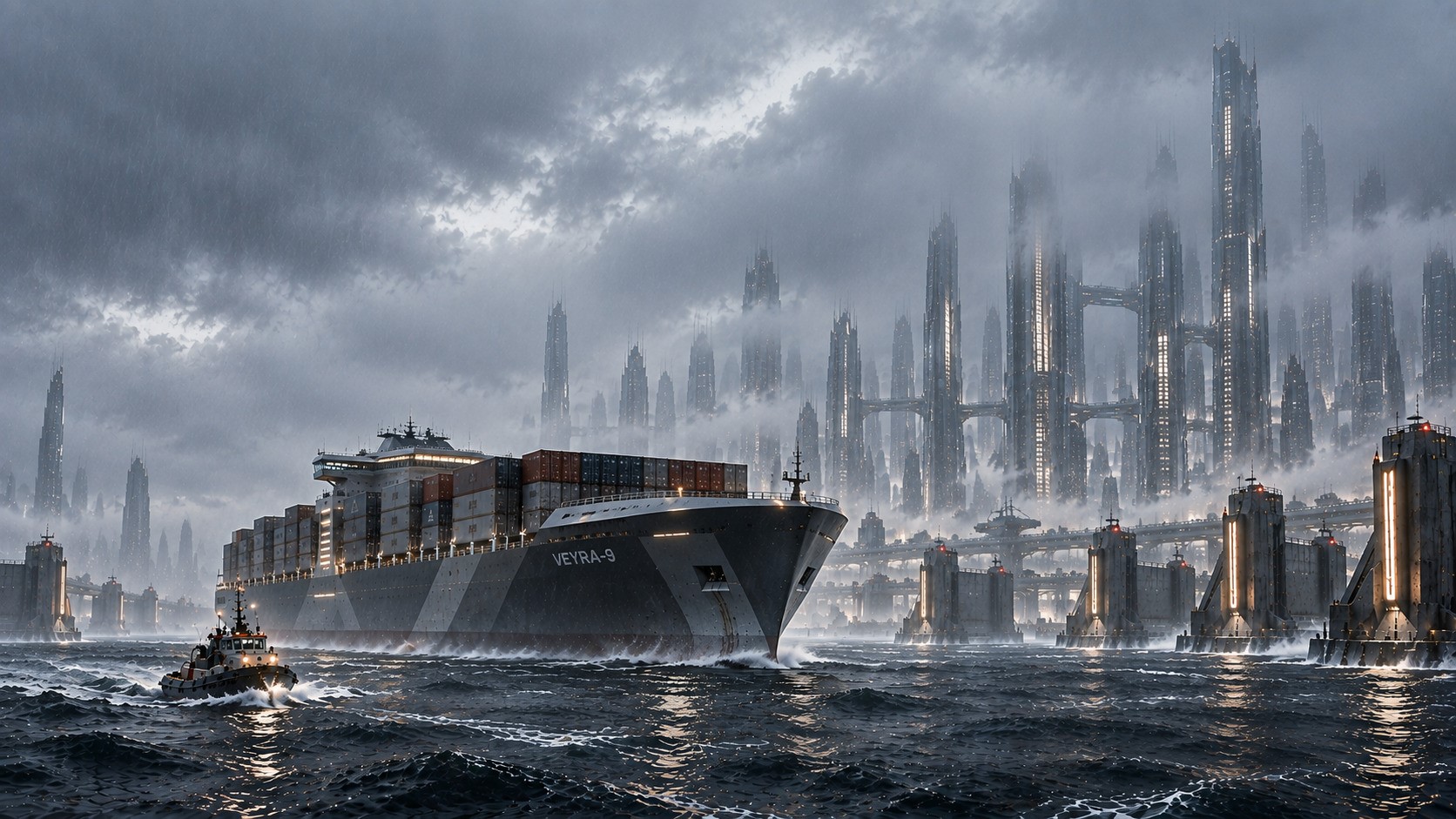 Futuristic container ship Veyra-9 approaches the coastal megacity of Nexara through pale rain and rough morning seas