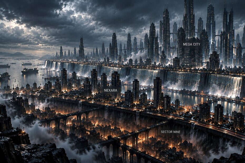 Futuristic coastal metropolis of Nexara, with towering architecture, layered infrastructure and a technologically controlled urban atmosphere