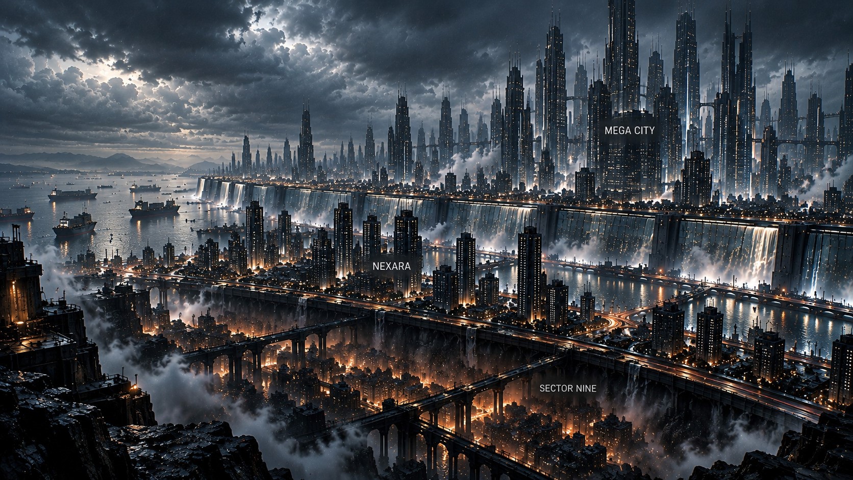 Futuristic coastal metropolis of Nexara, with towering architecture, layered infrastructure and a technologically controlled urban atmosphere