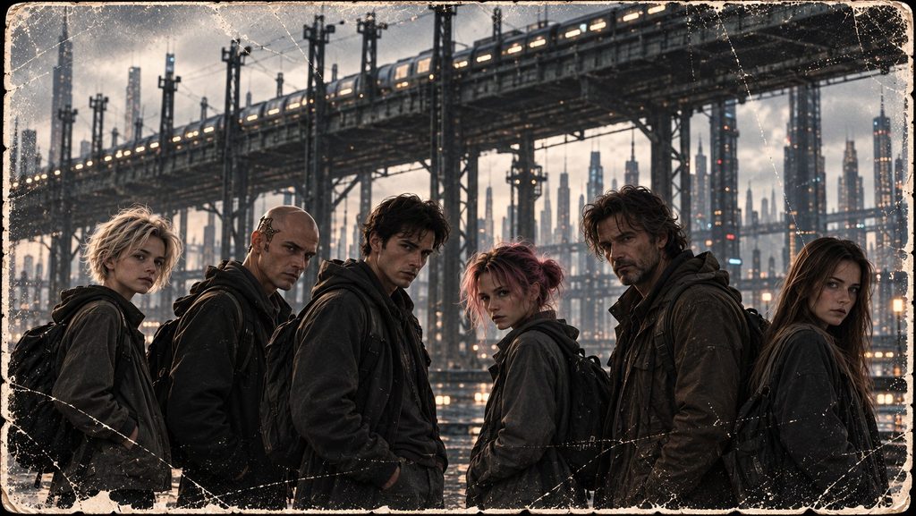 An old, degraded photograph shows six people beneath an elevated railway in a supposedly nonexistent district of Nexara