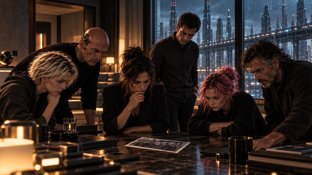 Nyx Argyros, Mira Quell, Eon Thales, Orion Pax, Kora Syn and Aster Voss gather around a small photograph in a dim apartment overlooking rainy Nexara