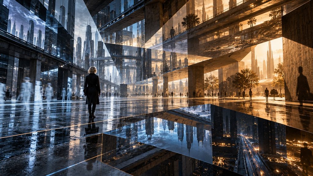 Surreal futuristic architecture with conflicting light sources, impossible shadows, changing surface textures and overlapping layers of sensory reality