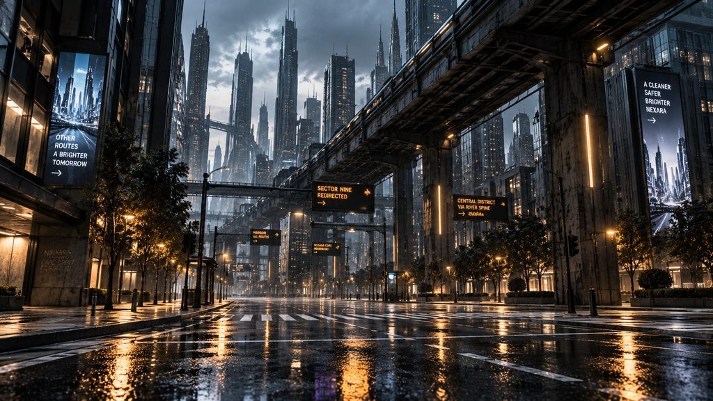 Wide street-level view of Sector Nine, showing intact futuristic buildings, deserted roads, altered transit routes and digital signage directing people elsewhere