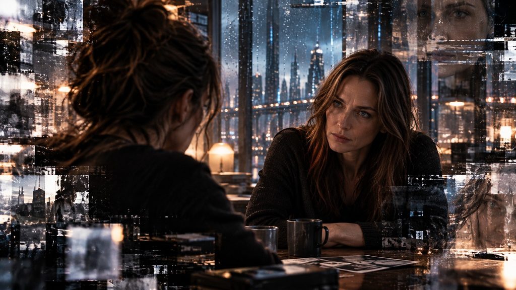 Mara Vale, with long brown hair and blue eyes, sits opposite Nyx in a rain-darkened room, surrounded by fragmented, distorted memory imagery