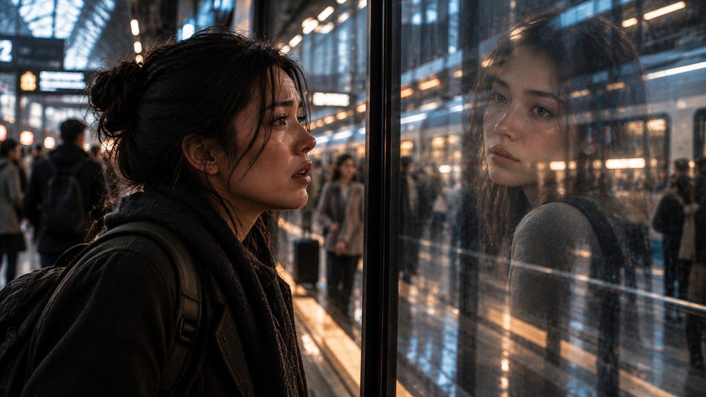 A Japanese American woman stands motionless beside a glass partition in a crowded futuristic station, seeing her forgotten sister’s face reflected in the glass