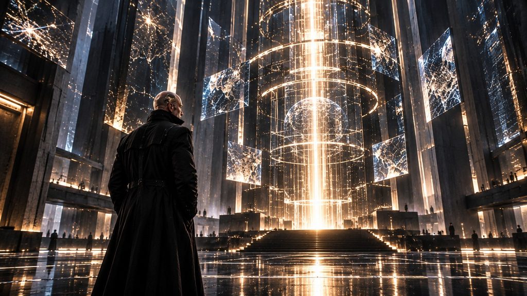Bald Eon Thales, wearing a long dark coat with a visible cranial implant, faces the immense illuminated architectural interface of PraxisNet