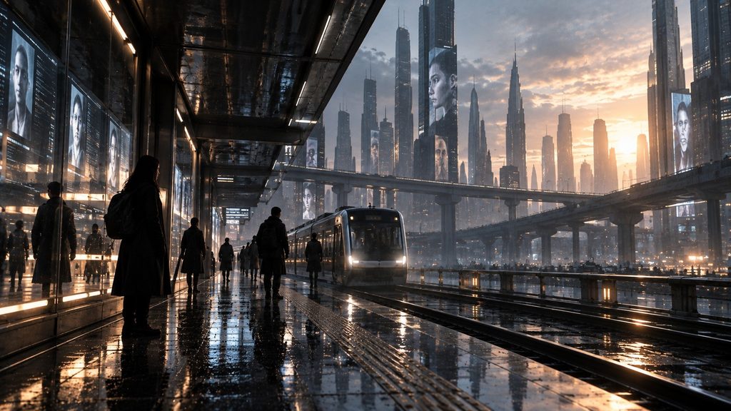 Commuters return to a rain-soaked futuristic railway platform at dawn as a train arrives and recovered human faces appear across illuminated city screens