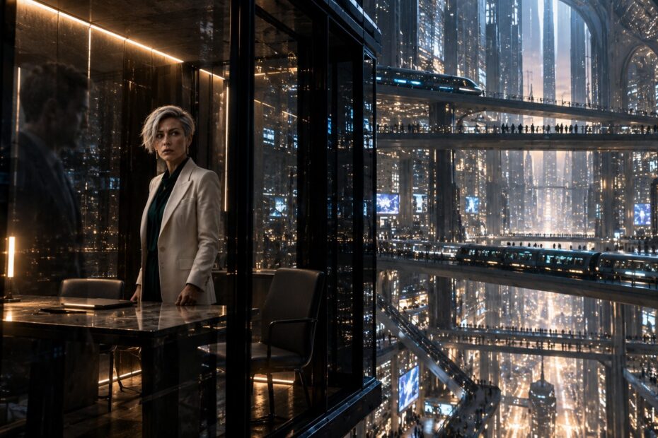 Futuristic Nexara transit complex surrounding a dark Neutral Room, with Elara Venn visible inside its glass enclosure