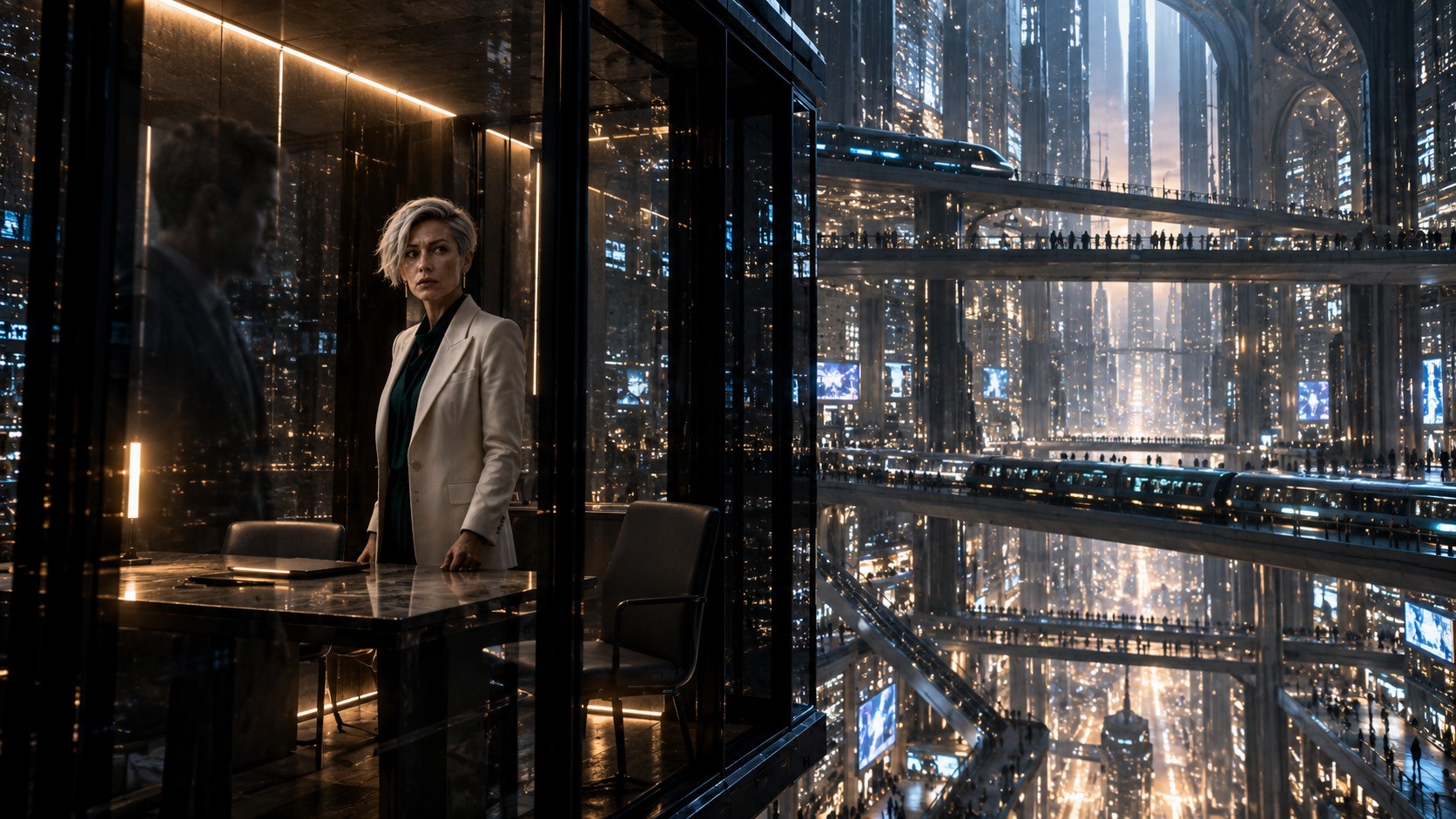 Futuristic Nexara transit complex surrounding a dark Neutral Room, with Elara Venn visible inside its glass enclosure