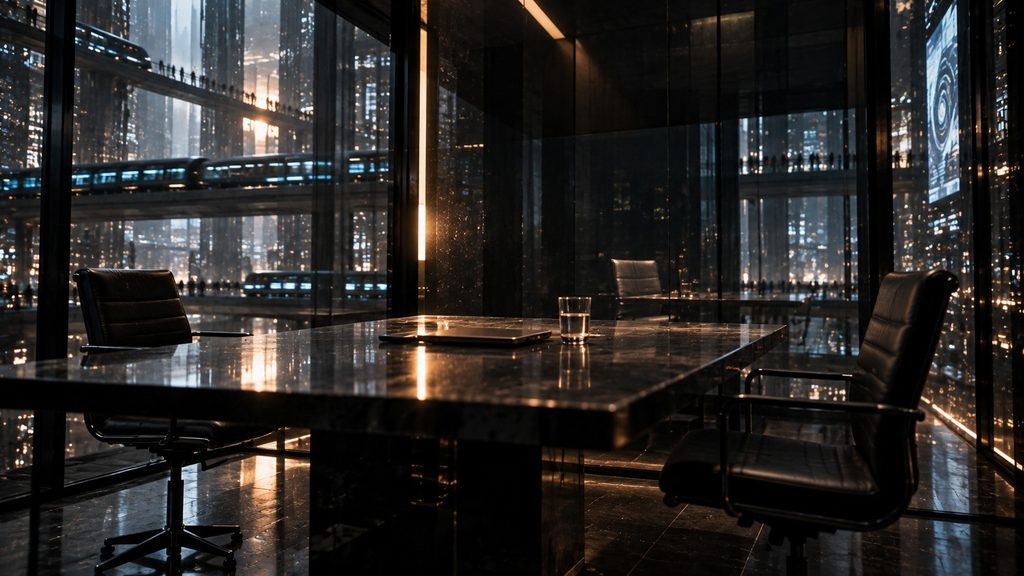 Empty glass-walled Neutral Room overlooking Nexara’s elevated transit network, with three black chairs, a dark table, and a glass of water