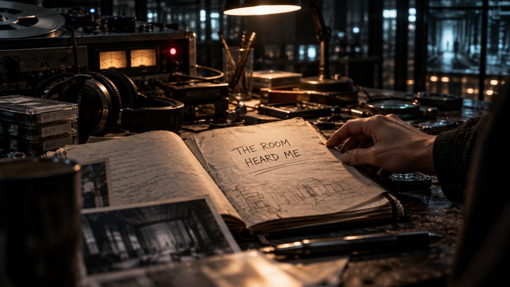An open paper notebook on Nyx Argyros’s analog workbench displays the handwritten warning “THE ROOM HEARD ME”
