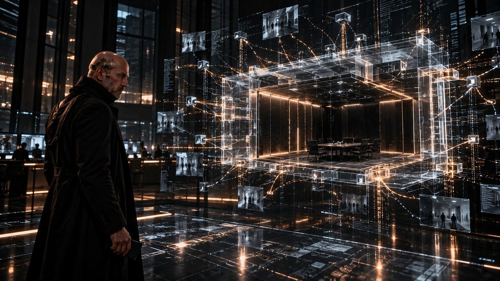 Eon Thales, a bald man with a cybernetic temple implant, examines a luminous architectural hologram of surveillance systems