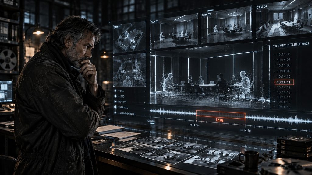 Rugged, grey-haired Orion Pax studies forensic memory reconstructions on transparent displays, searching for twelve missing seconds