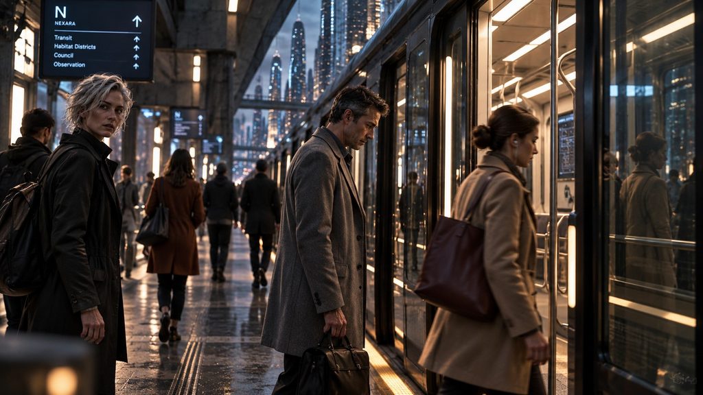 Silver-haired Mira Quell watches an unnoticed man beside a futuristic train as another passenger boards without acknowledging him