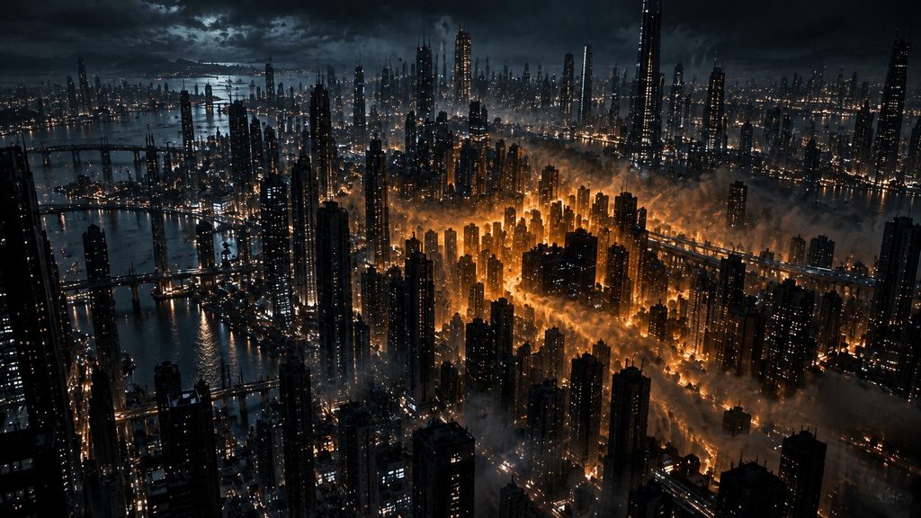 An immense nighttime panorama of Nexara, with an ominous amber disturbance spreading through dark skyscrapers beneath storm clouds