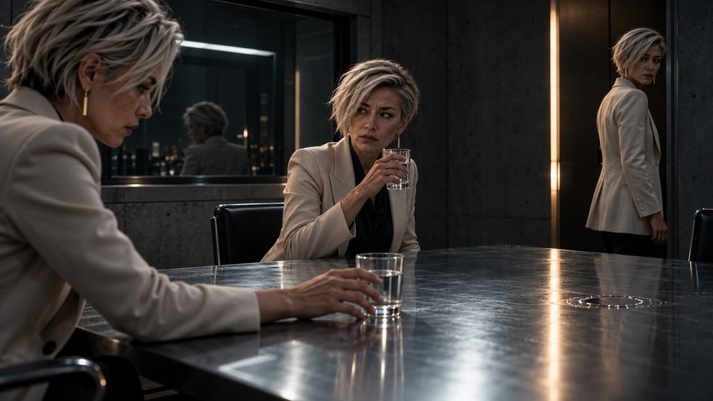 Three identical versions of platinum-haired Elara Venn occupy a stark Neutral Room, separated by posture and position