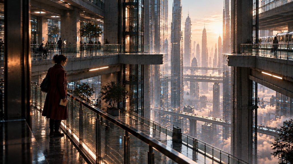 Nyx Argyros, wearing a burgundy coat, stands before an impossible architectural void in Nexara’s immense futuristic transit complex