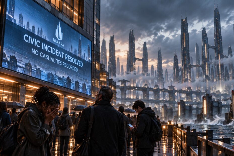 A young Black woman mourns on Nexara’s futuristic waterfront as a municipal display announces that no casualties were recorded