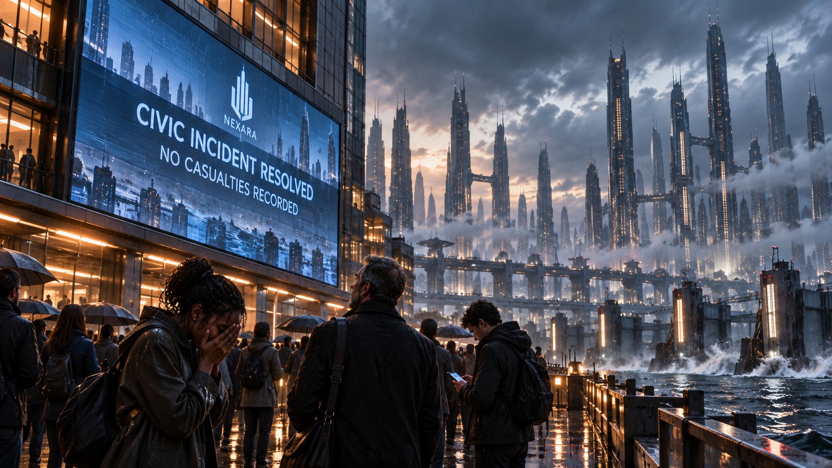 A young Black woman mourns on Nexara’s futuristic waterfront as a municipal display announces that no casualties were recorded