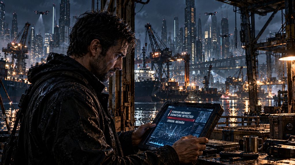 Kaal, a dark-haired harbor technician with short stubble, examines a warning on a terminal inside a rain-soaked industrial workshop overlooking Mega City’s port