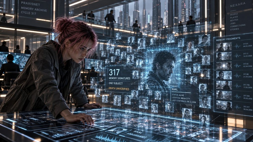 Kora Syn, a young woman with pink hair, examines interconnected memory records and emotional data surrounding Kaal's supposed death inside a futuristic PraxisNet control facility