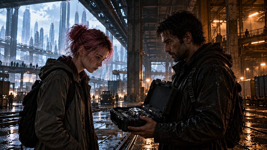 Kora Syn and Kaal face each other inside a vast, weathered freight terminal, examining a mechanical case containing a damaged sensor amid industrial architecture
