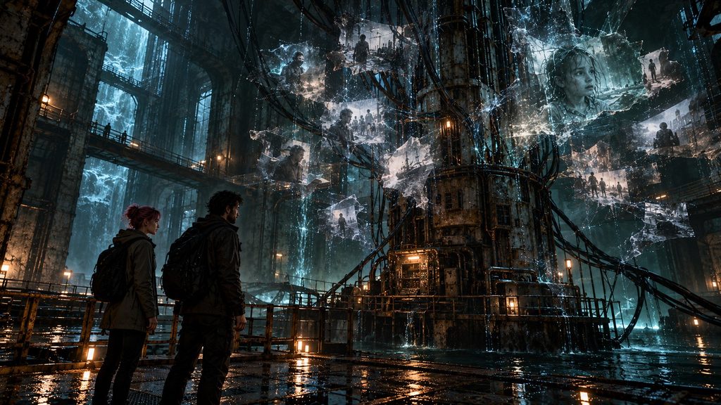 Kora and Kaal stand inside a vast, decaying underground chamber, facing an obsolete data relay surrounded by cables and fragmented projections of false memories