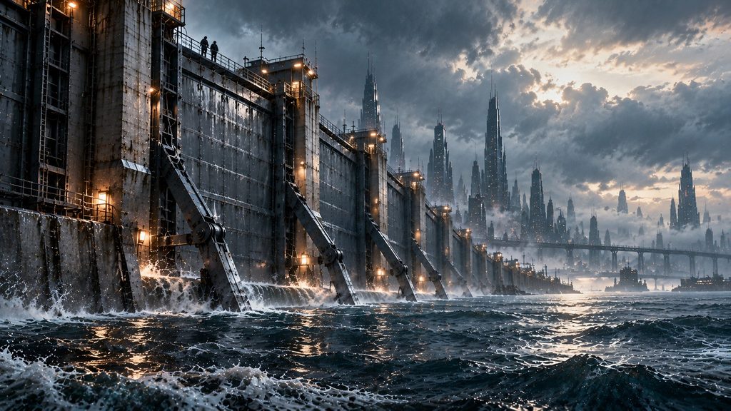 A reinforced seawall stretches toward Nexara’s mist-covered futuristic skyline beneath a cloudy morning sky, with two small figures standing on an elevated walkway above the restless sea