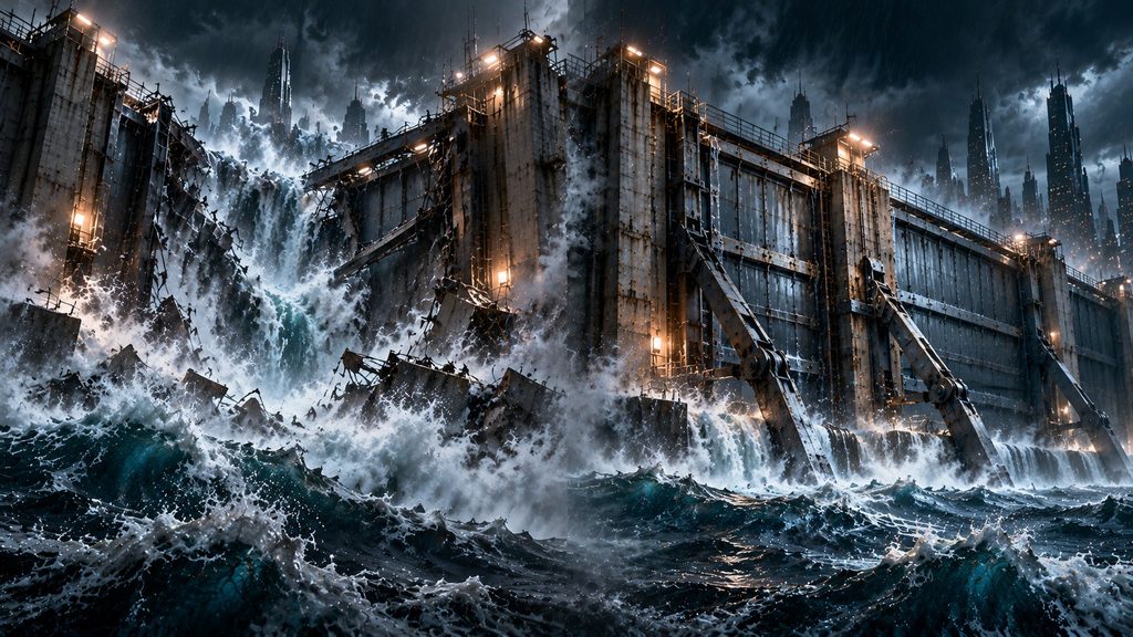 A colossal futuristic seawall appears in two contrasting states during a violent storm: one gate collapses beneath enormous waves while its reinforced counterpart remains intact
