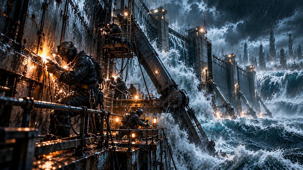 Helmeted technicians weld and reinforce a massive steel floodgate during a violent storm, surrounded by scaffolding, orange sparks, heavy rain and towering waves