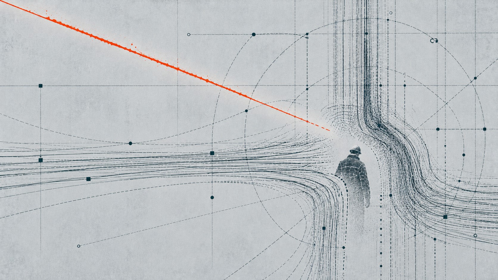 Abstract illustration of a lone seafarer surrounded by technical lines, with a red trajectory approaching the protective system